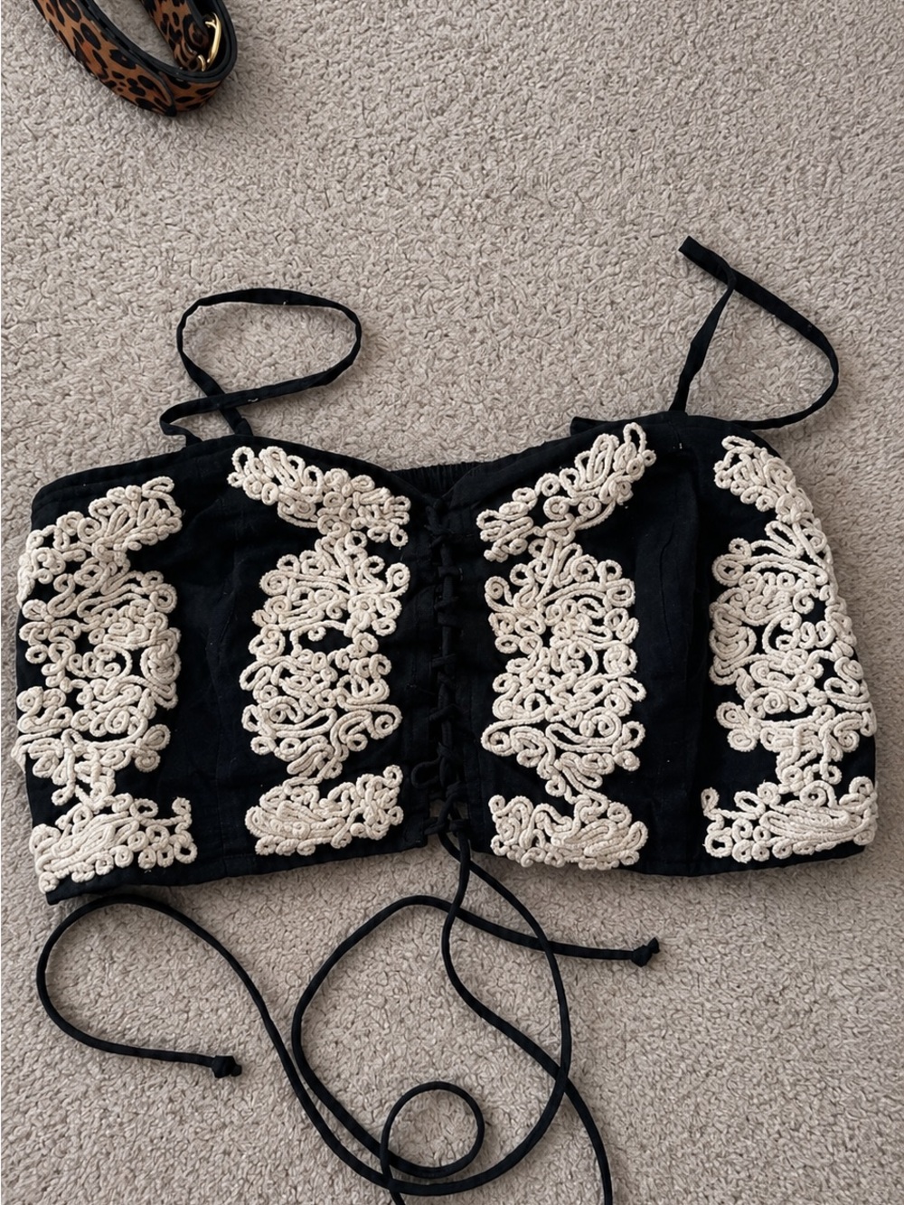 Black Lace-Up Corset Top with Cream Embroidered Appliqué